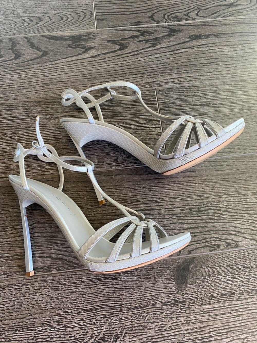 Casadei Grey Leather Strappy Stiletto Heel Sandals - Picture 3 of 7